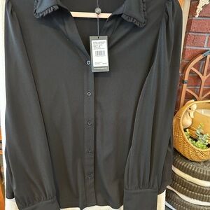 Adrianna Papell Black Button-Front Ruffle Blouse MED